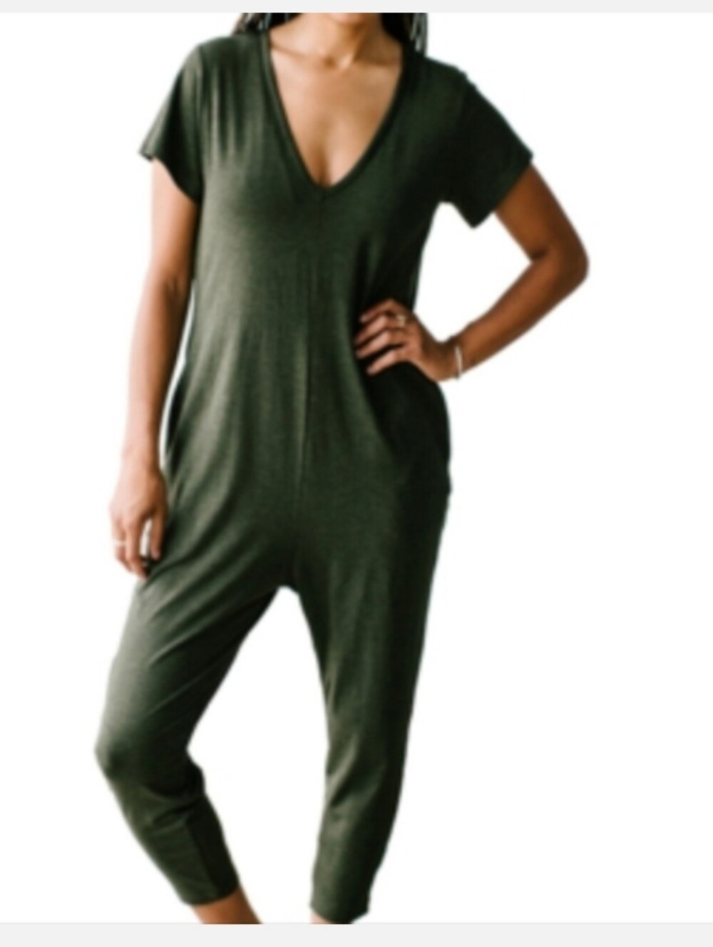 Smash + Tess Olive Green V-Neck Jumpsuit Short Sleeves Bamboo